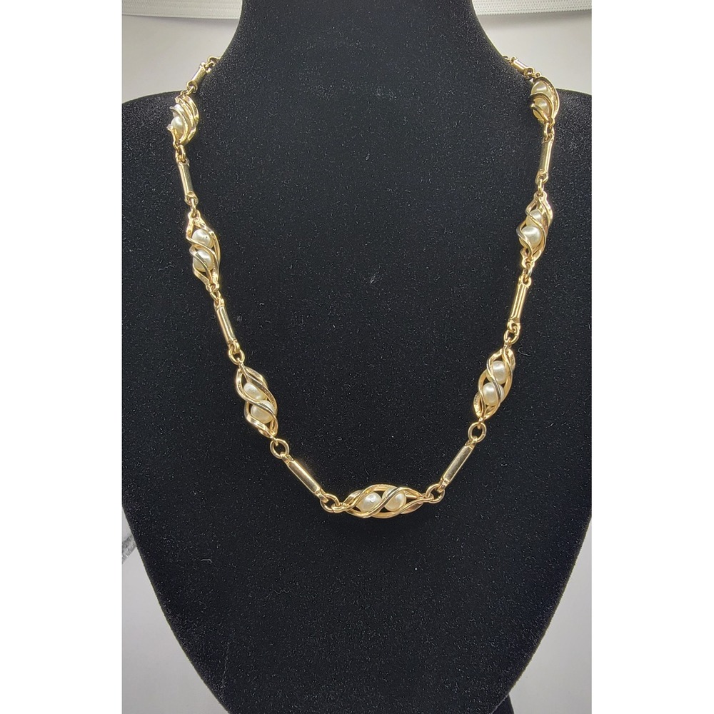Sarah Coventry Vintage Gold Tone Faux Pearl Cage Link Bar Necklace